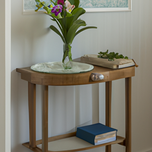 Het dressoir met een vaas met bloemen en enkele boeken op het blad om de functionaliteit en stijl te tonen